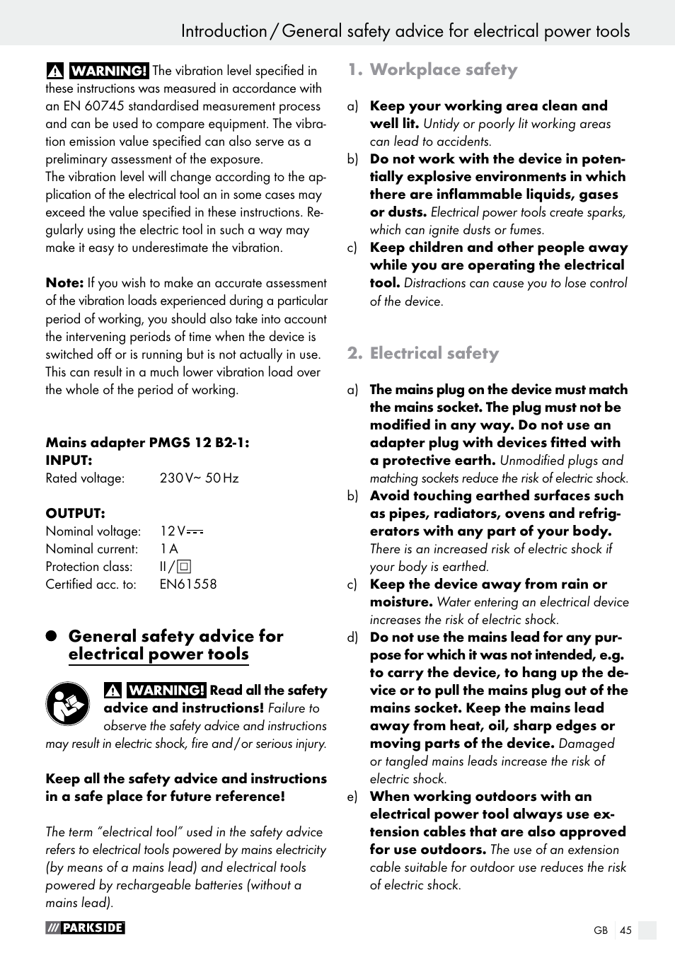 General safety advice for electrical power tools, Workplace safety, Electrical safety | Parkside PMGS 12 B2 User Manual | Page 45 / 54