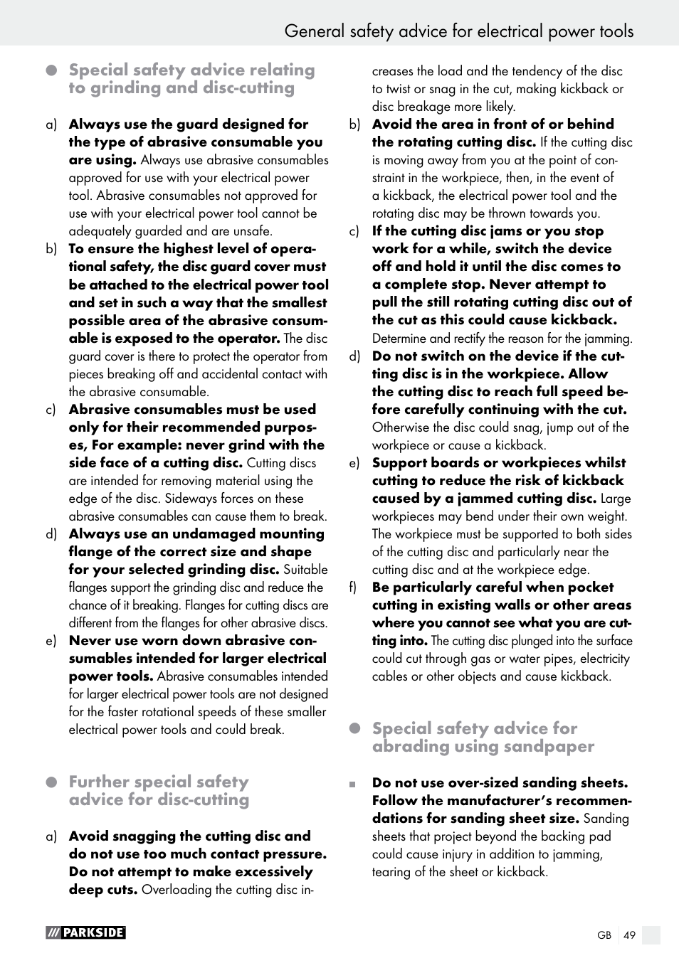 General safety advice for electrical power tools, Further special safety advice for disc-cutting, Special safety advice for abrading using sandpaper | Parkside PMGS 12 B2 User Manual | Page 49 / 54