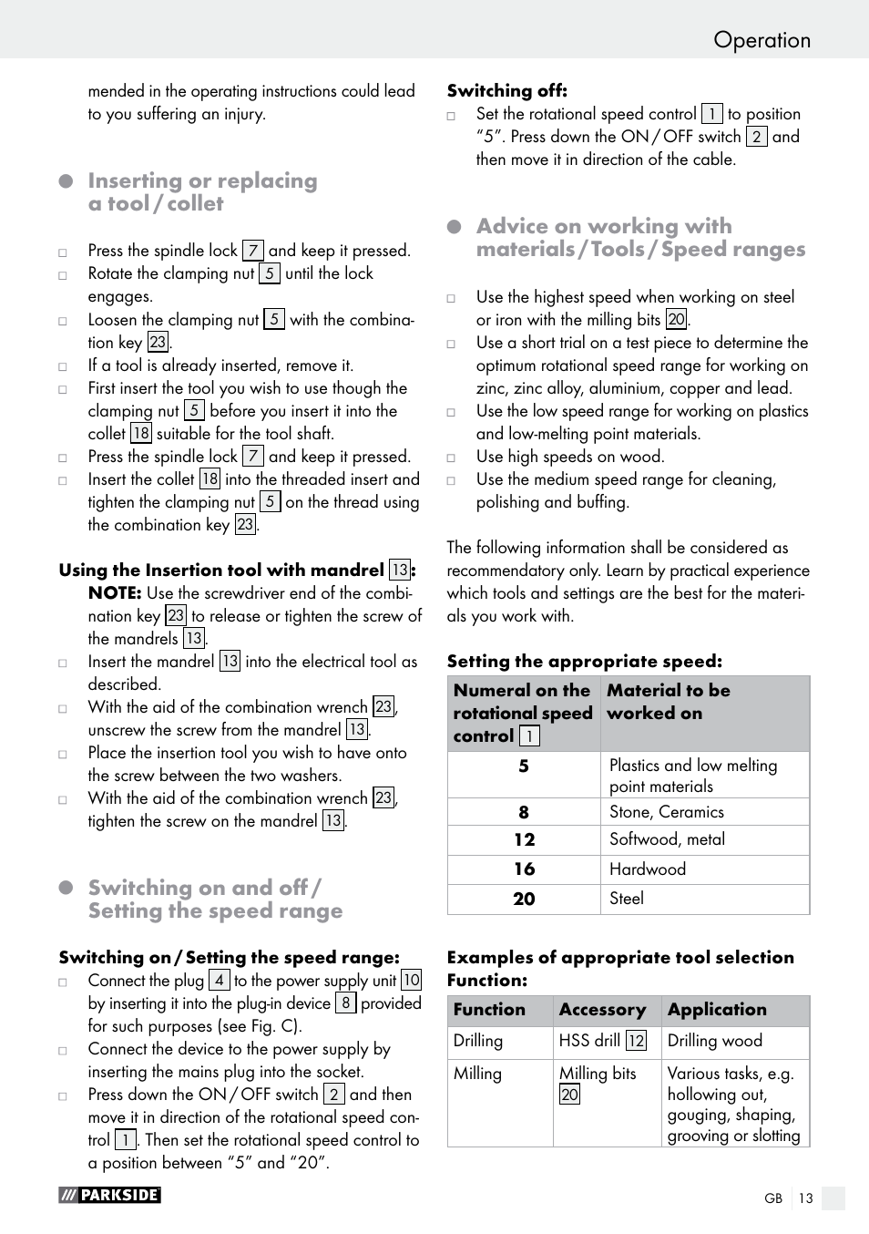 Operation, Inserting or replacing a tool / collet, Switching on and off / setting the speed range | Parkside PMGS 12 B2 User Manual | Page 13 / 79