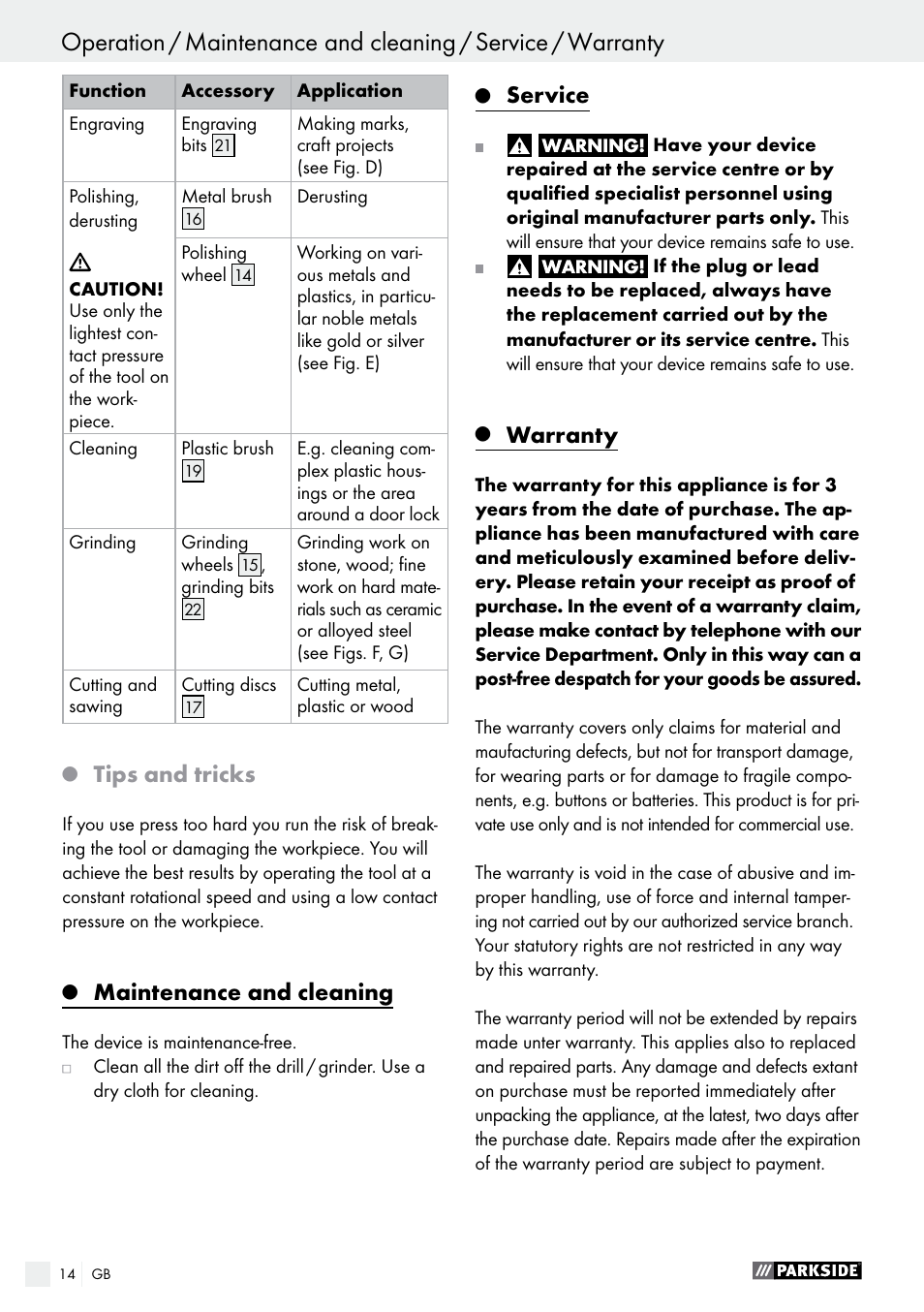 Tips and tricks, Maintenance and cleaning, Service | Warranty | Parkside PMGS 12 B2 User Manual | Page 14 / 79