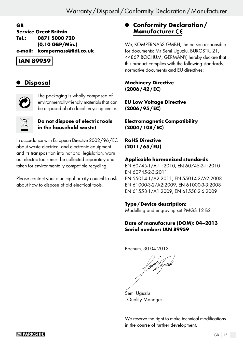 Disposal, Conformity declaration / manufacturer | Parkside PMGS 12 B2 User Manual | Page 15 / 79