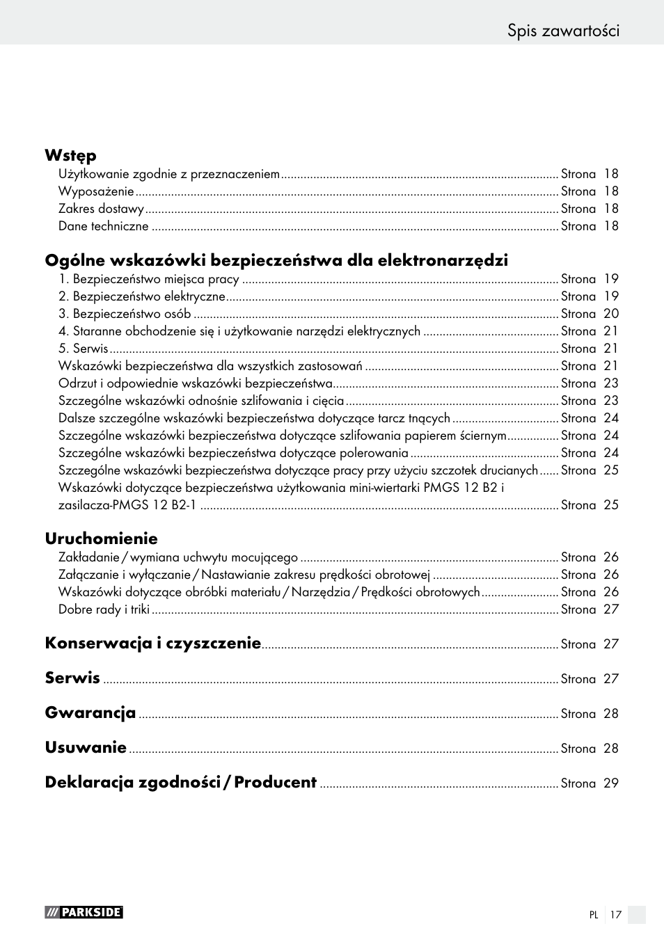 Spis zawartości | Parkside PMGS 12 B2 User Manual | Page 17 / 79