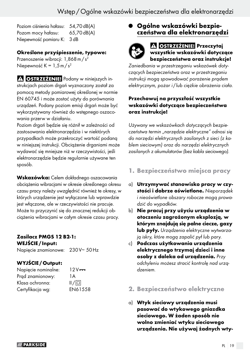 Bezpieczeństwo miejsca pracy, Bezpieczeństwo elektryczne | Parkside PMGS 12 B2 User Manual | Page 19 / 79