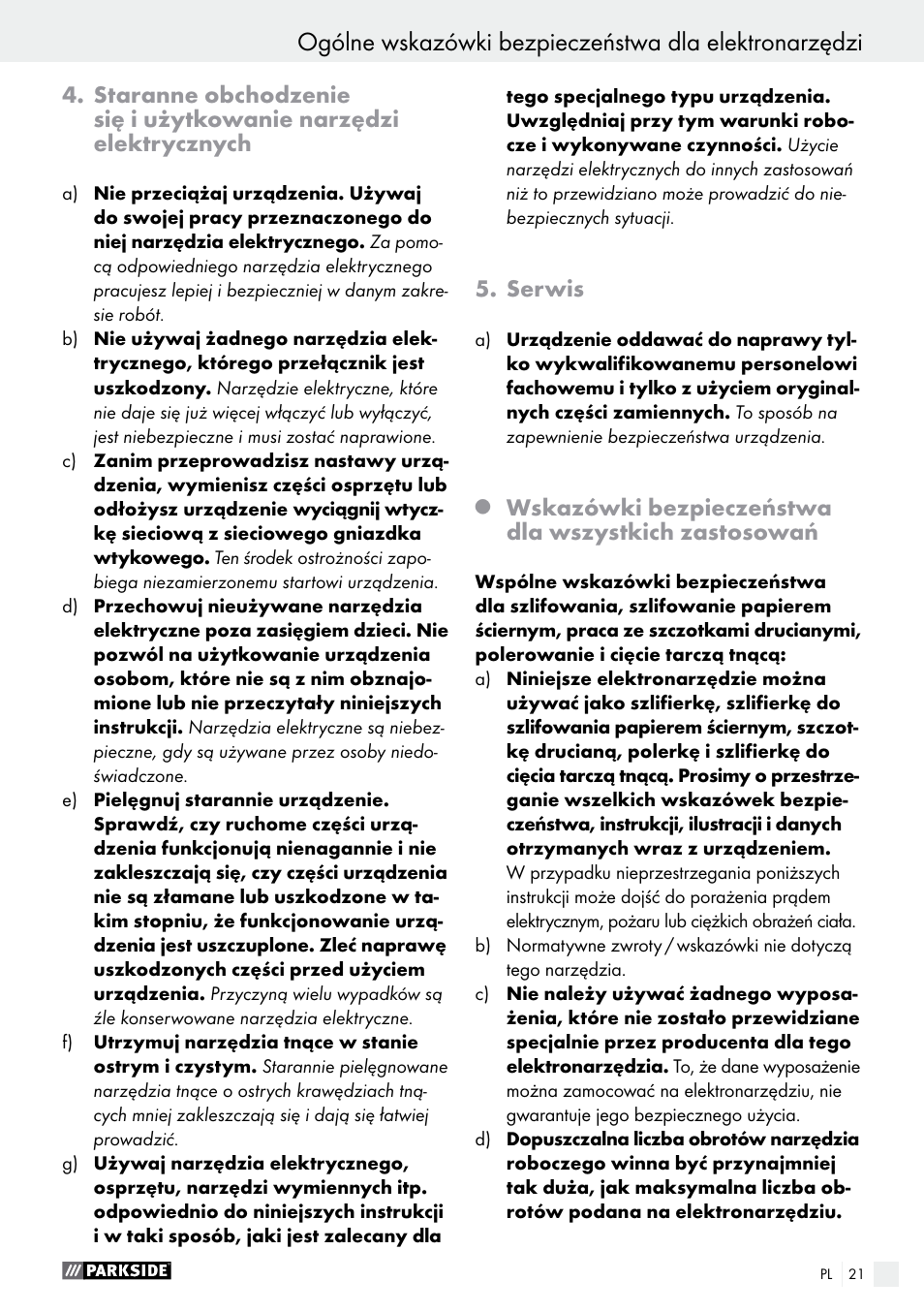 Serwis, Wskazówki bezpieczeństwa dla wszystkich zastosowań | Parkside PMGS 12 B2 User Manual | Page 21 / 79