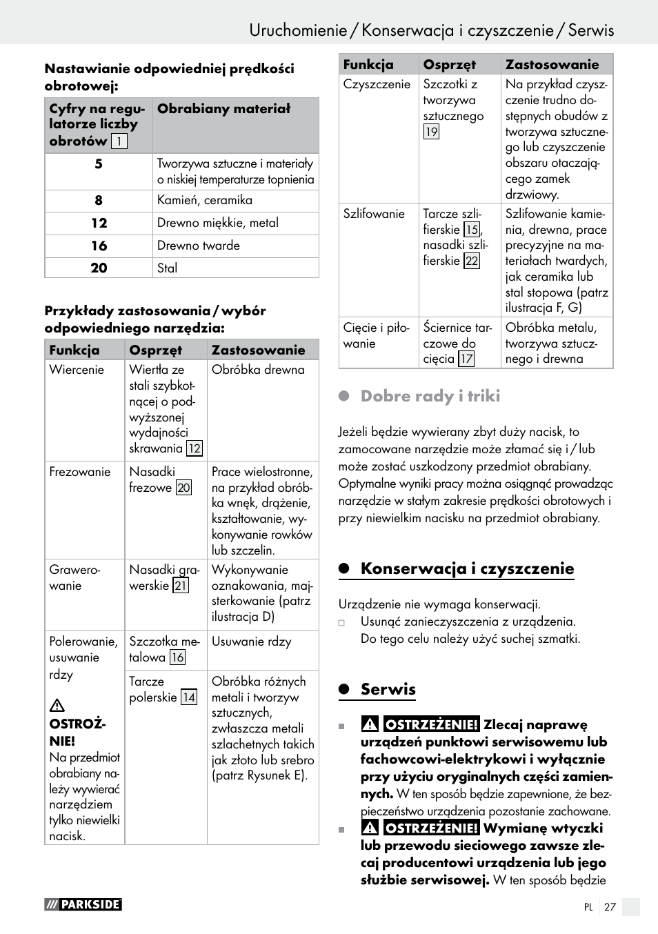 Uruchomienie / konserwacja i czyszczenie / serwis, Dobre rady i triki, Konserwacja i czyszczenie | Serwis | Parkside PMGS 12 B2 User Manual | Page 27 / 79