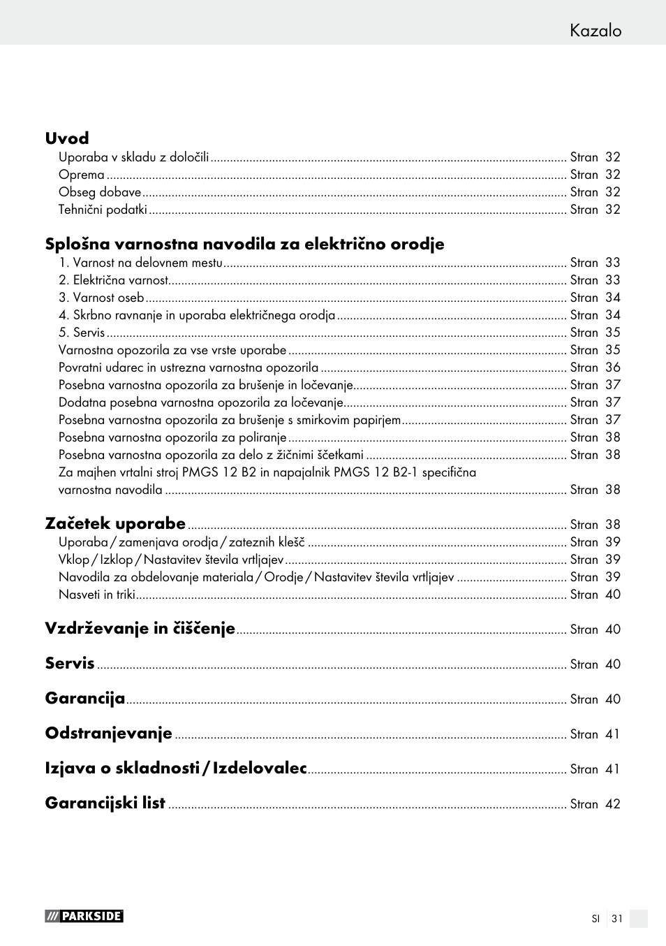 Kazalo | Parkside PMGS 12 B2 User Manual | Page 31 / 79