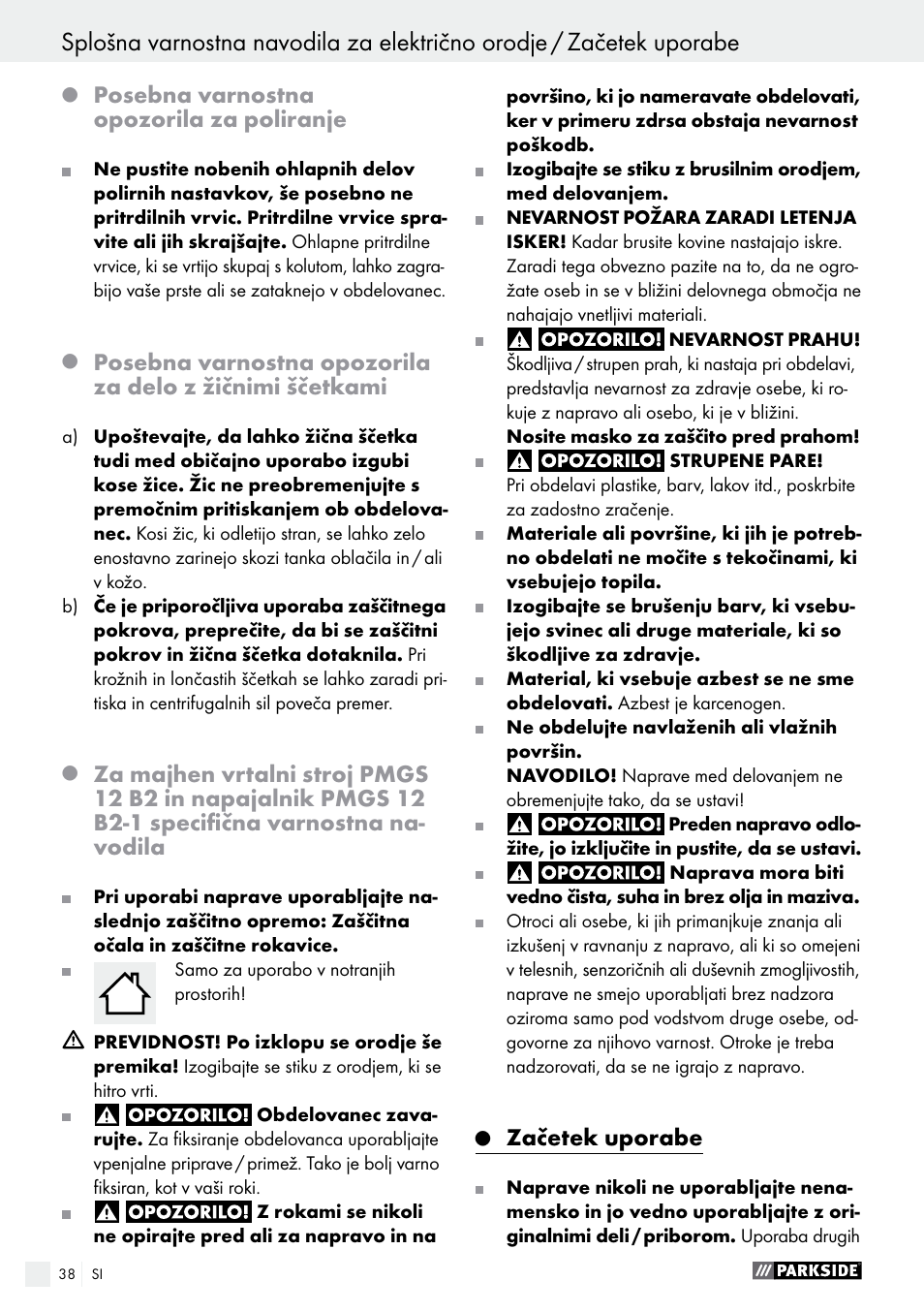 Posebna varnostna opozorila za poliranje, Začetek uporabe | Parkside PMGS 12 B2 User Manual | Page 38 / 79