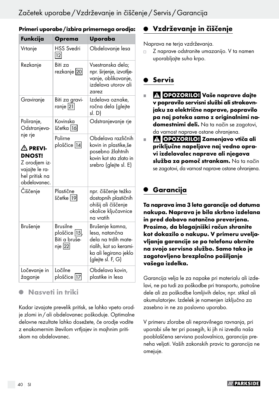 Nasveti in triki, Vzdrževanje in čiščenje, Servis | Garancija | Parkside PMGS 12 B2 User Manual | Page 40 / 79