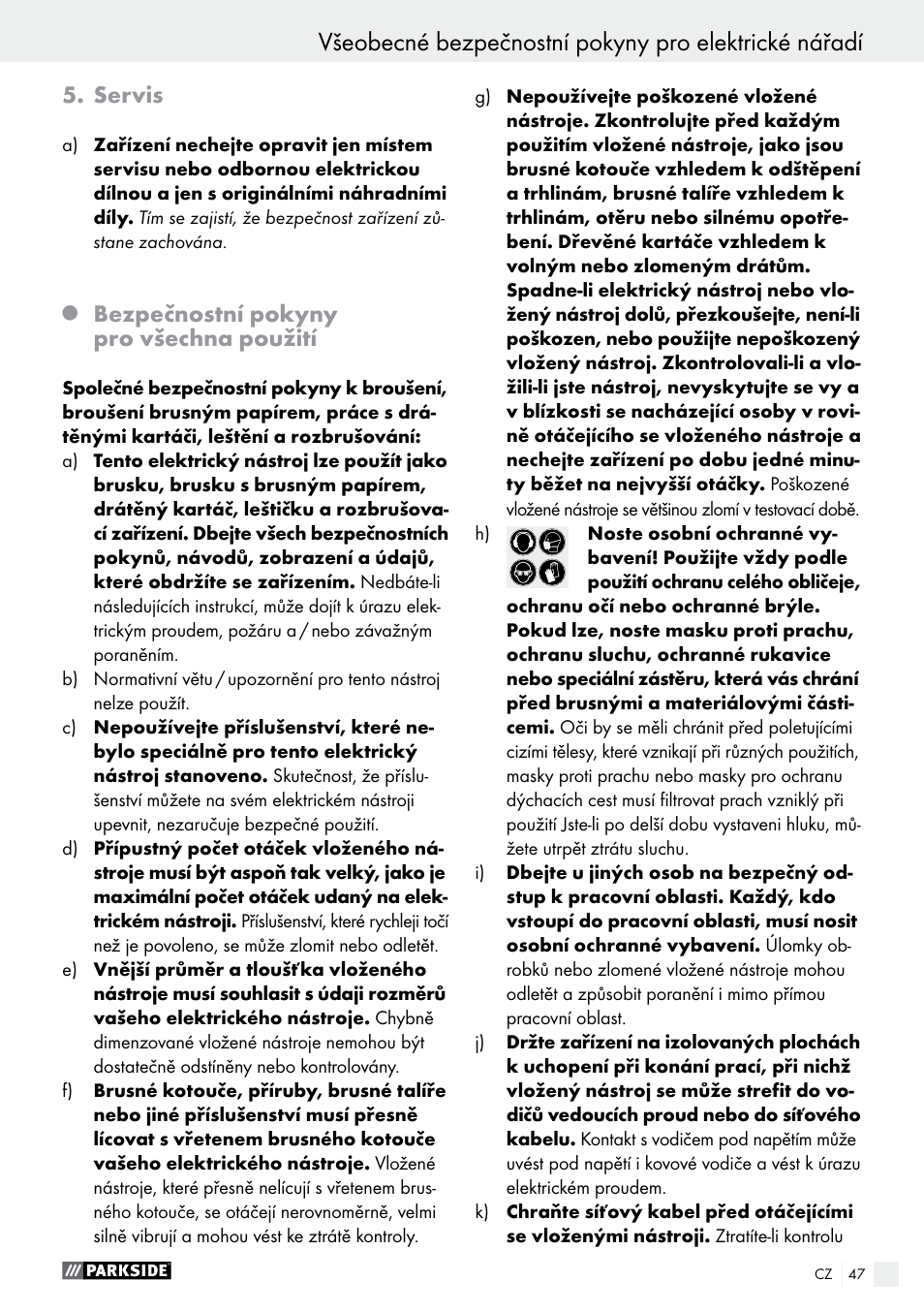 Servis, Bezpečnostní pokyny pro všechna použití | Parkside PMGS 12 B2 User Manual | Page 47 / 79