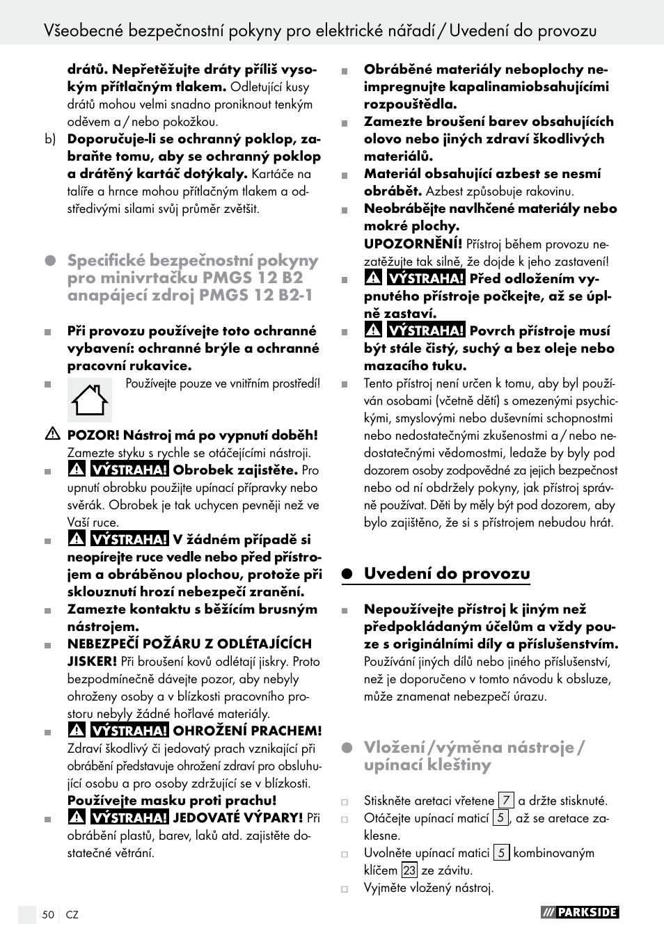 Uvedení do provozu, Vložení /výměna nástroje / upínací kleštiny | Parkside PMGS 12 B2 User Manual | Page 50 / 79