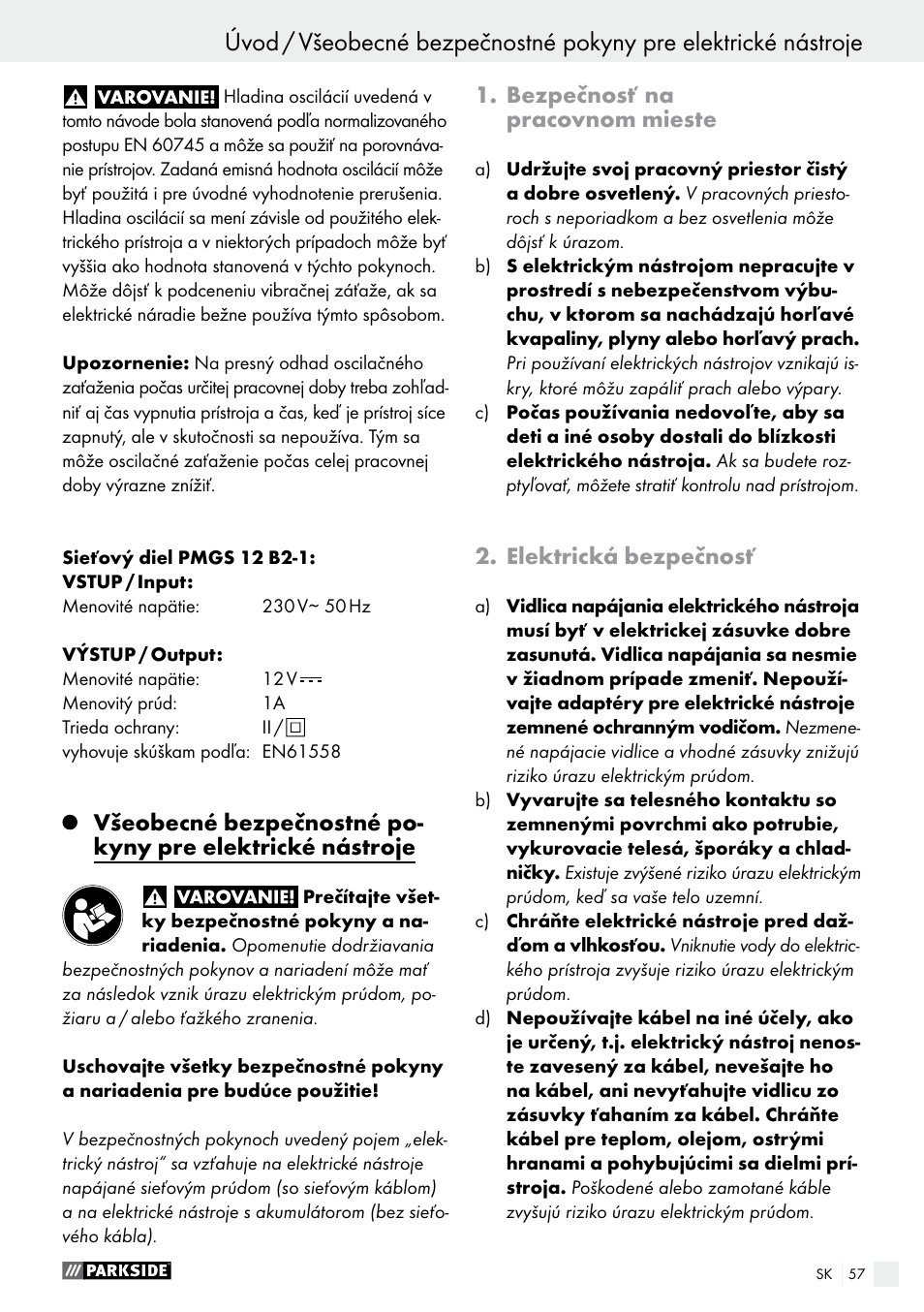 Bezpečnosť na pracovnom mieste, Elektrická bezpečnosť | Parkside PMGS 12 B2 User Manual | Page 57 / 79