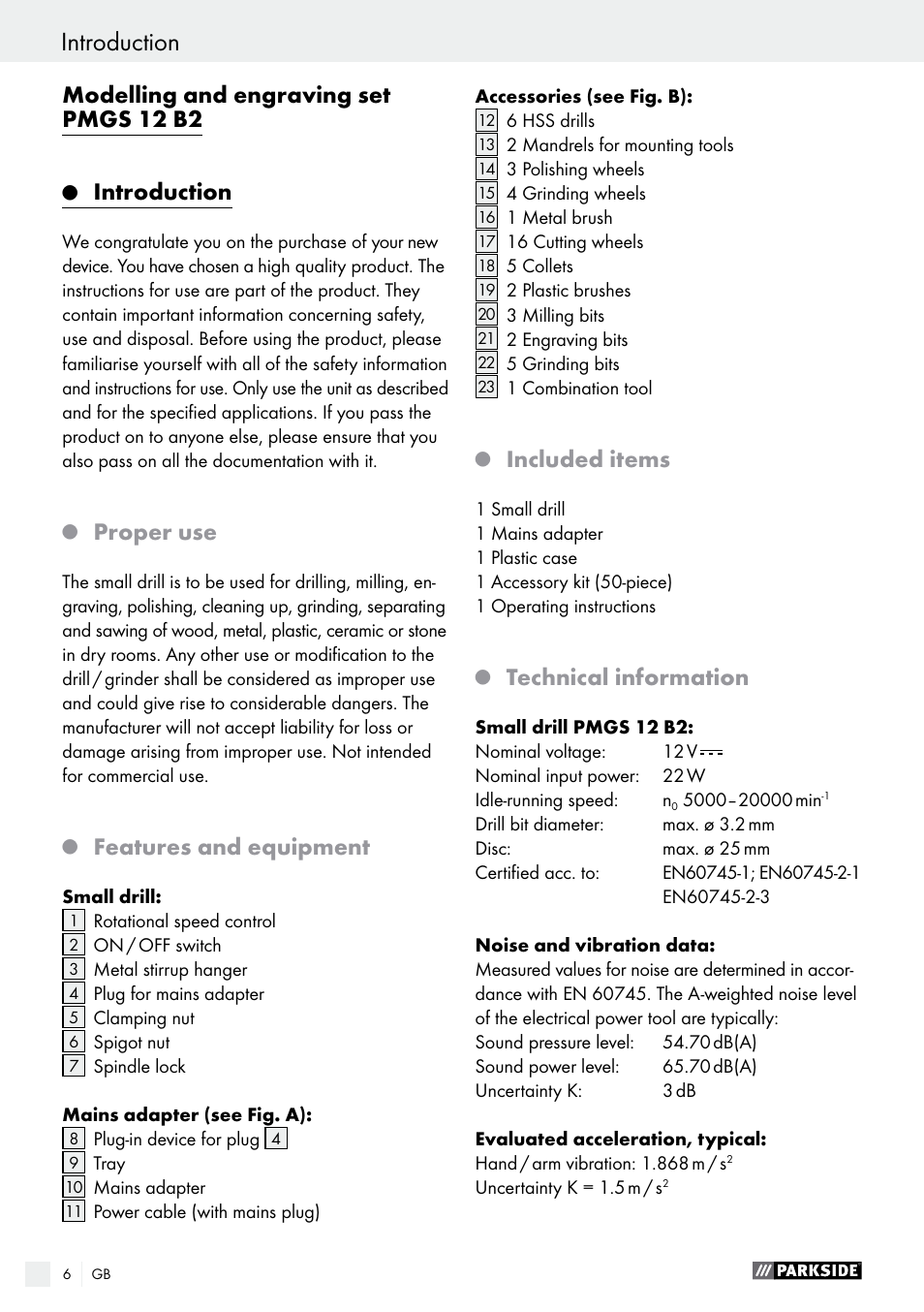 Modelling and engraving set pmgs 12 b2, Introduction, Proper use | Features and equipment, Included items, Technical information | Parkside PMGS 12 B2 User Manual | Page 6 / 79