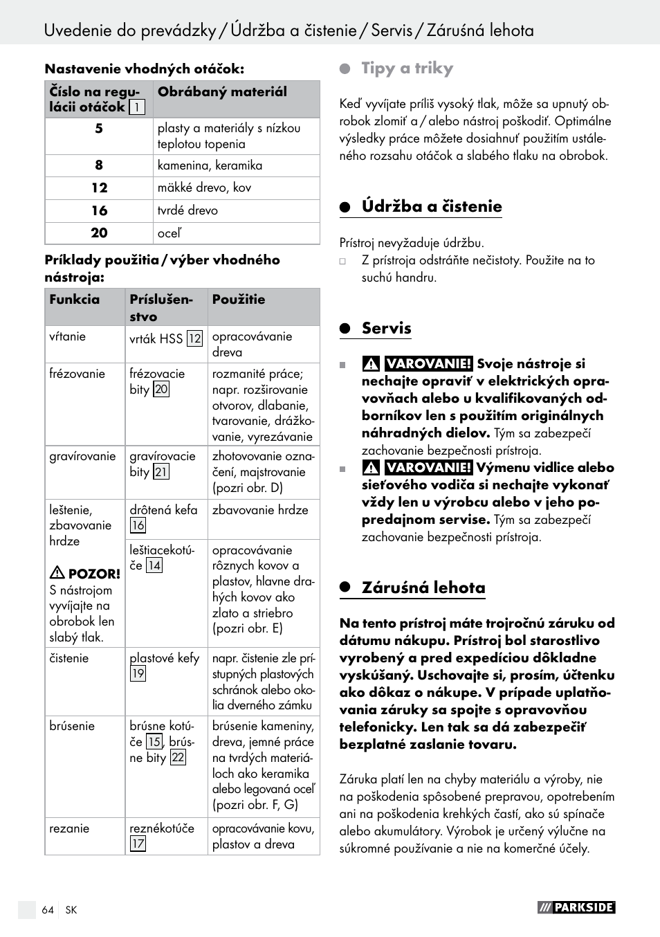 Tipy a triky, Údržba a čistenie, Servis | Záruśná lehota | Parkside PMGS 12 B2 User Manual | Page 64 / 79