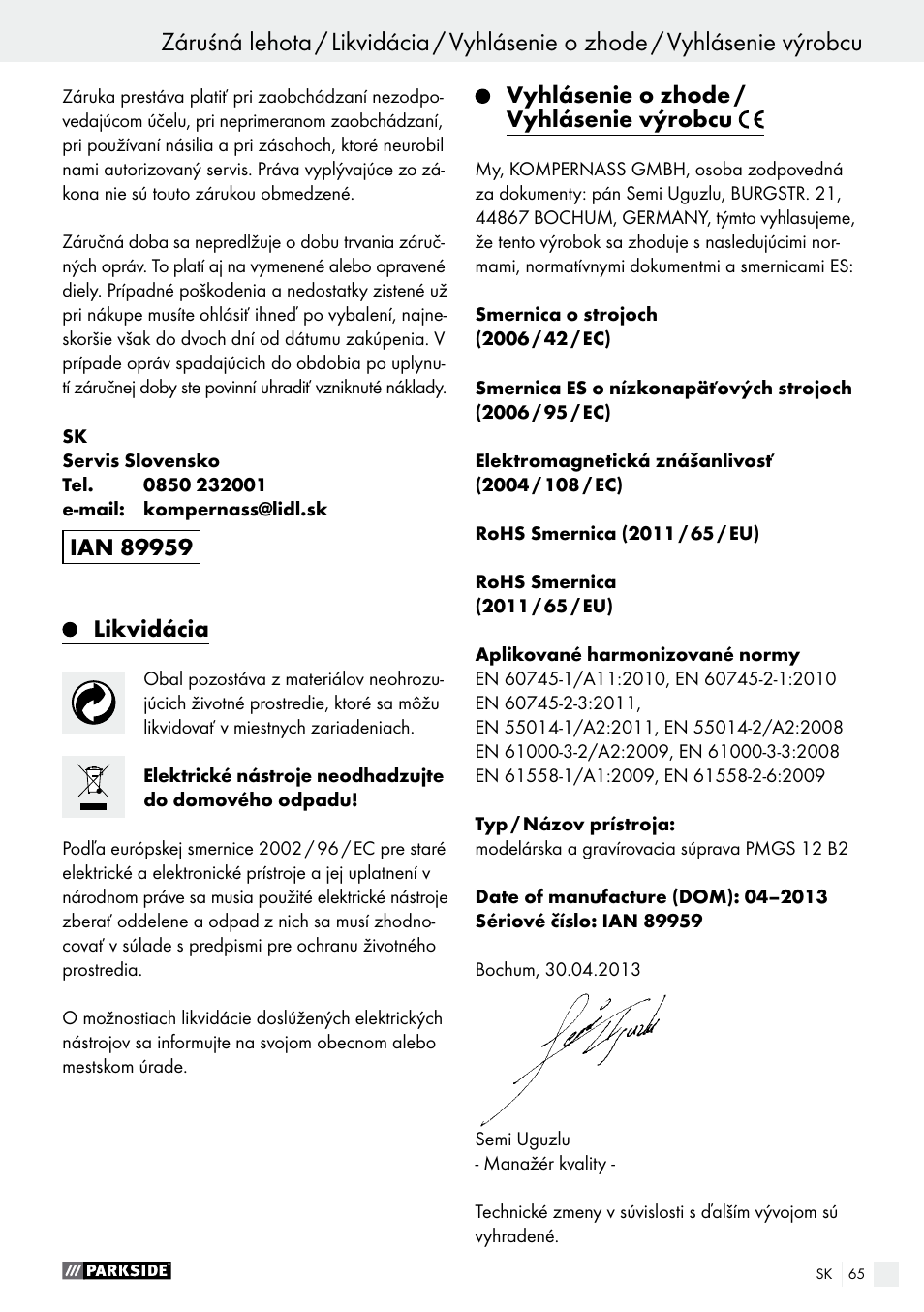 Vyhlásenie o zhode / vyhlásenie výrobcu | Parkside PMGS 12 B2 User Manual | Page 65 / 79