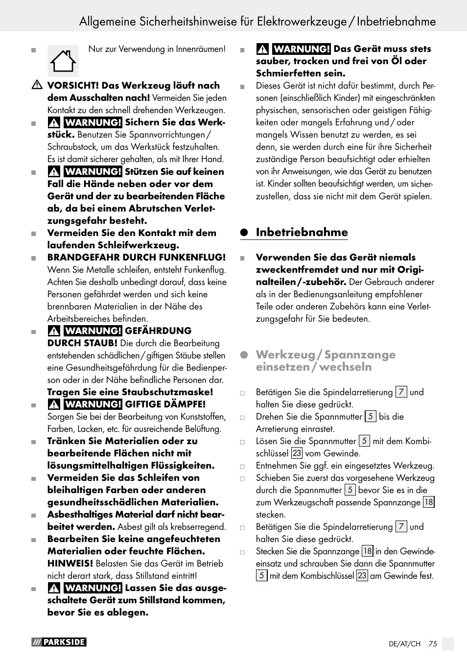 Inbetriebnahme, Werkzeug / spannzange einsetzen / wechseln | Parkside PMGS 12 B2 User Manual | Page 75 / 79