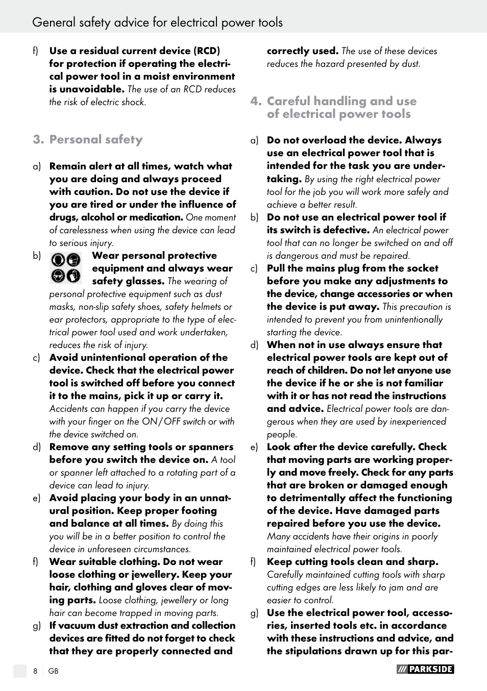 General safety advice for electrical power tools, Personal safety, Careful handling and use of electrical power tools | Parkside PMGS 12 B2 User Manual | Page 8 / 79