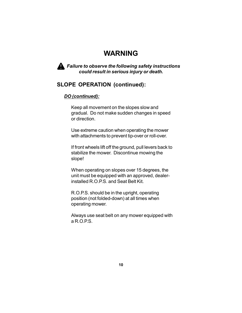 Warning | Dixon KODIAK ELS 60 User Manual | Page 10 / 52