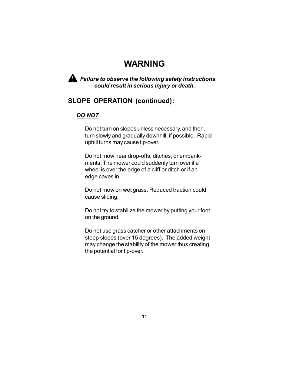 Warning | Dixon KODIAK ELS 60 User Manual | Page 11 / 52