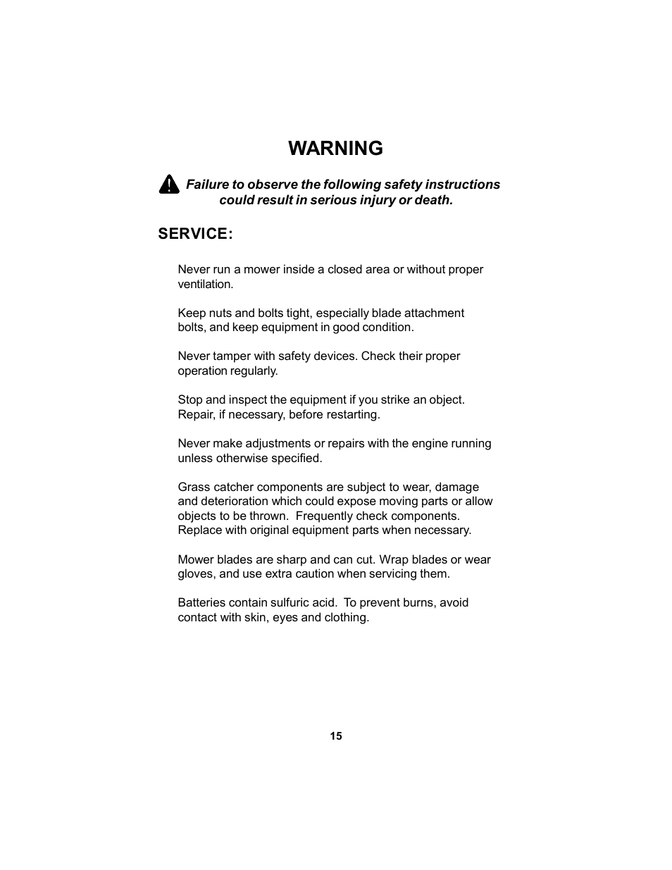 Warning | Dixon KODIAK ELS 60 User Manual | Page 15 / 52