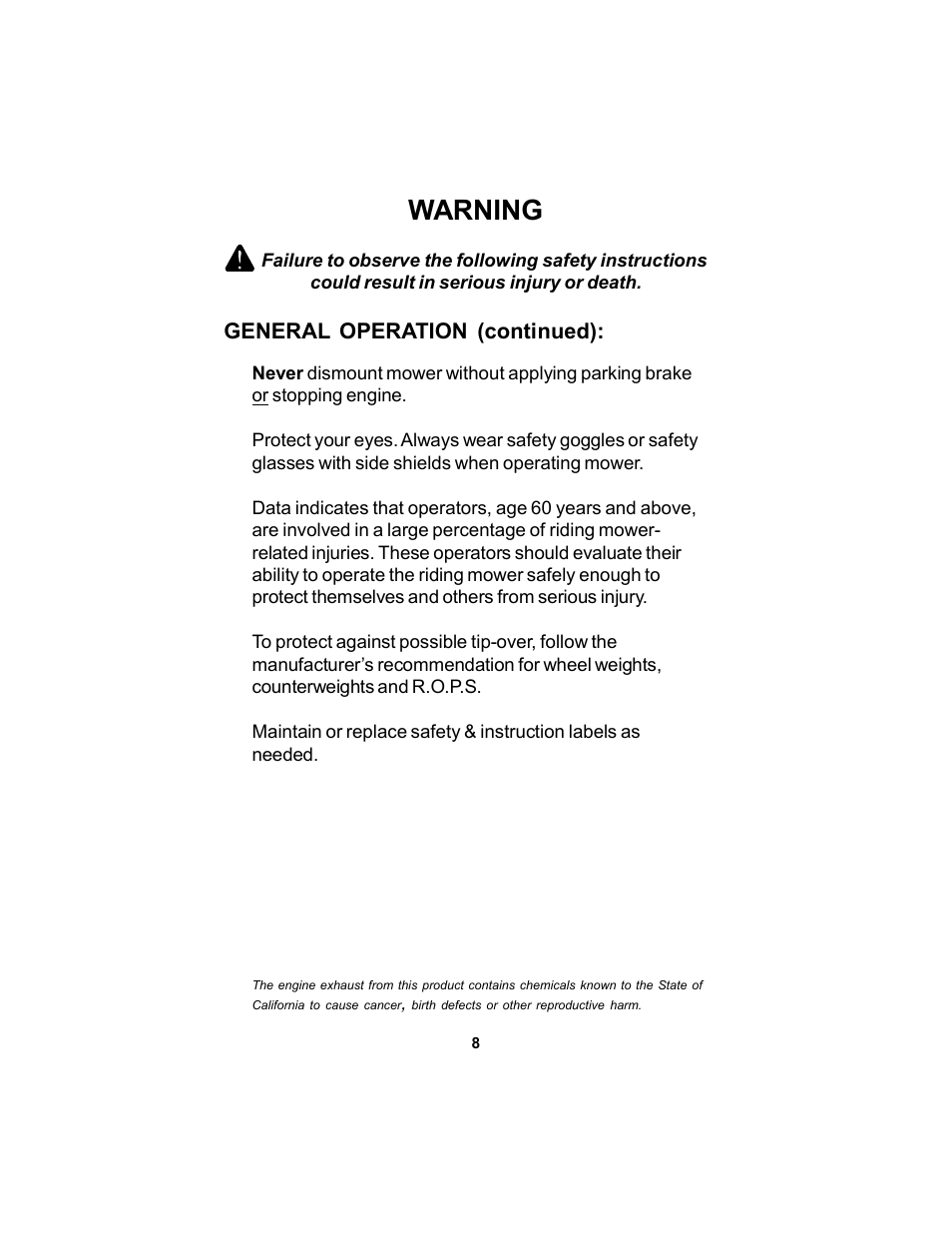 Warning | Dixon KODIAK ELS 60 User Manual | Page 8 / 52