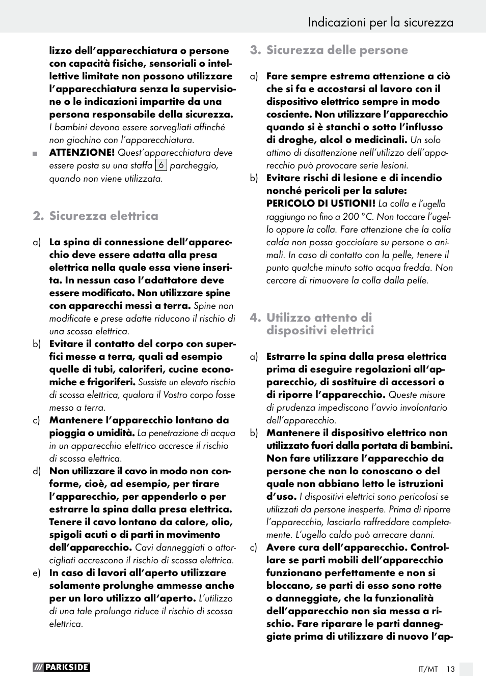 Sicurezza elettrica, Sicurezza delle persone, Utilizzo attento di dispositivi elettrici | Parkside PHP 500 B2 User Manual | Page 13 / 34