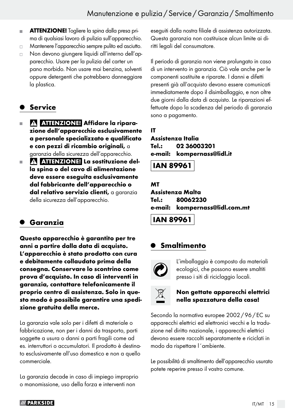 Service, Garanzia, Smaltimento | Parkside PHP 500 B2 User Manual | Page 15 / 34