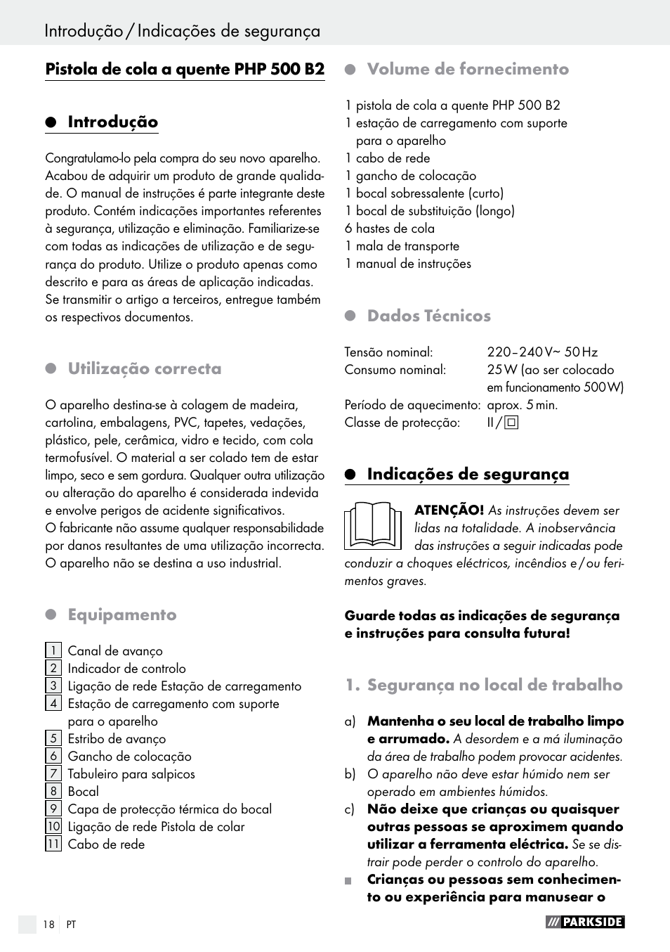 Introdução, Utilização correcta, Equipamento | Volume de fornecimento, Dados técnicos, Indicações de segurança, Segurança no local de trabalho | Parkside PHP 500 B2 User Manual | Page 18 / 34