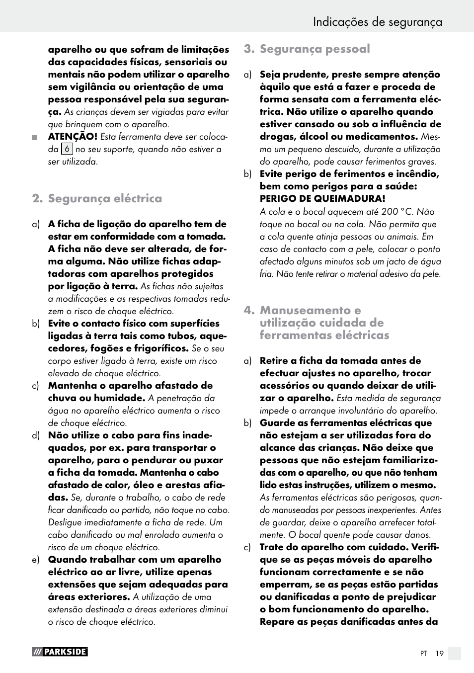 Segurança eléctrica, Segurança pessoal | Parkside PHP 500 B2 User Manual | Page 19 / 34