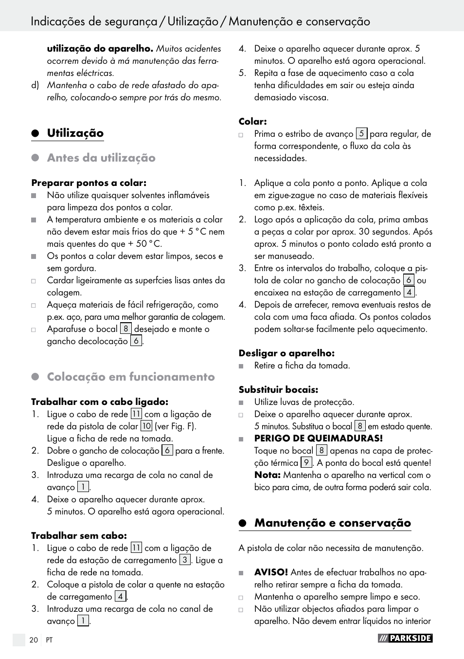 Utilização, Antes da utilização, Colocação em funcionamento | Manutenção e conservação | Parkside PHP 500 B2 User Manual | Page 20 / 34