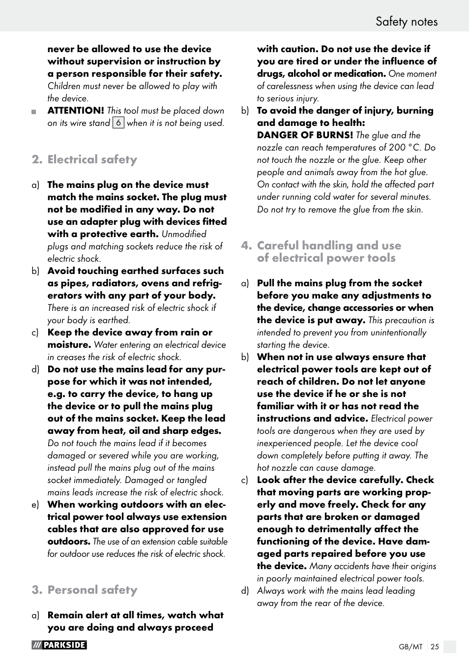 Electrical safety, Personal safety, Careful handling and use of electrical power tools | Parkside PHP 500 B2 User Manual | Page 25 / 34