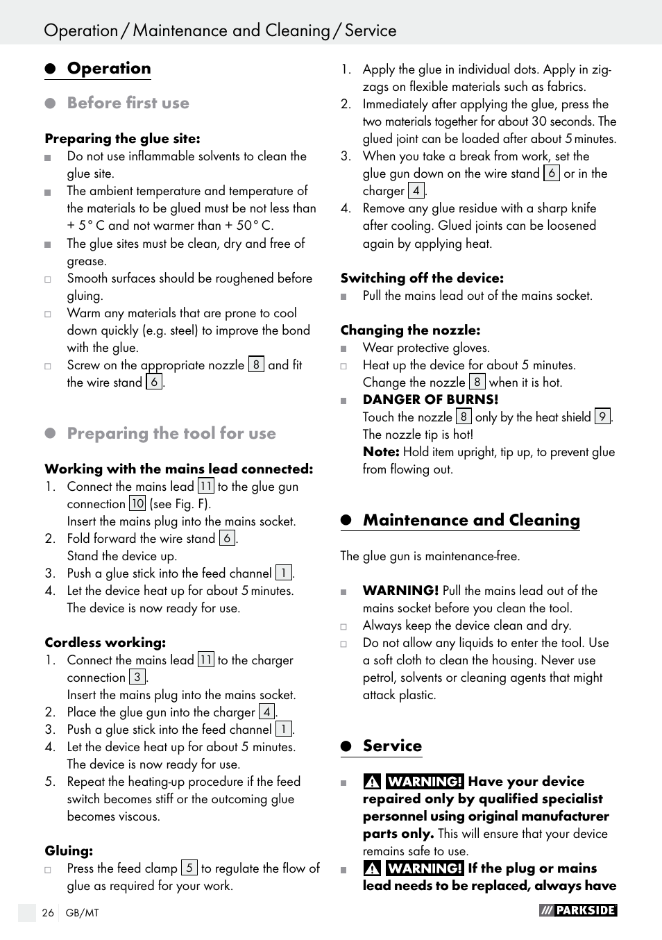 Operation, Before first use, Preparing the tool for use | Maintenance and cleaning, Service | Parkside PHP 500 B2 User Manual | Page 26 / 34