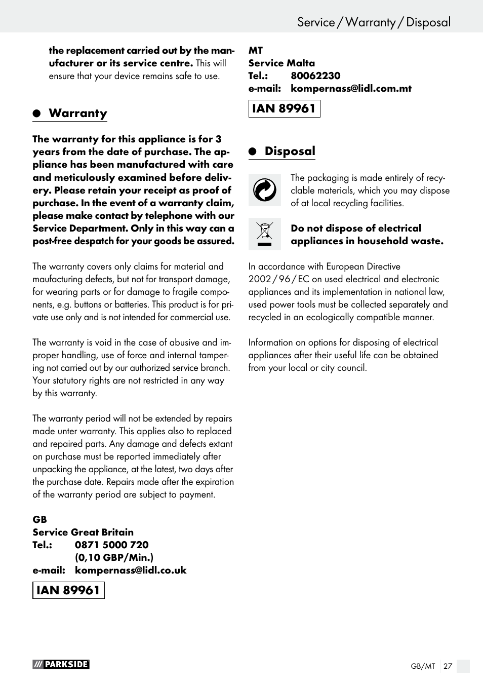 Service / warranty / disposal, Operation / maintenance and cleaning / service, Warranty | Disposal | Parkside PHP 500 B2 User Manual | Page 27 / 34