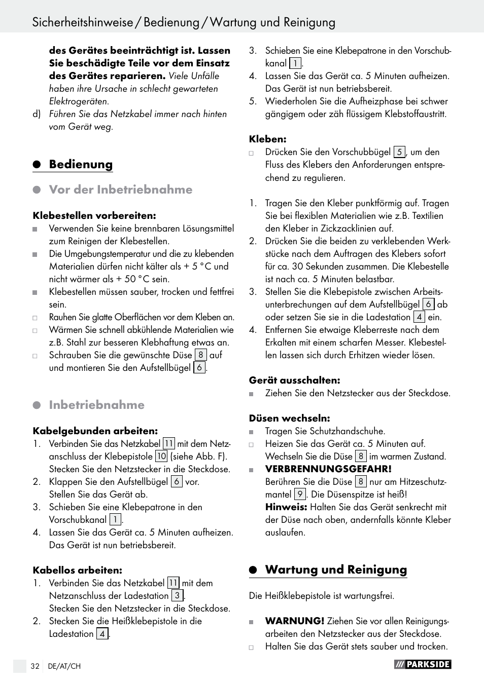 Bedienung, Vor der inbetriebnahme, Inbetriebnahme | Wartung und reinigung | Parkside PHP 500 B2 User Manual | Page 32 / 34