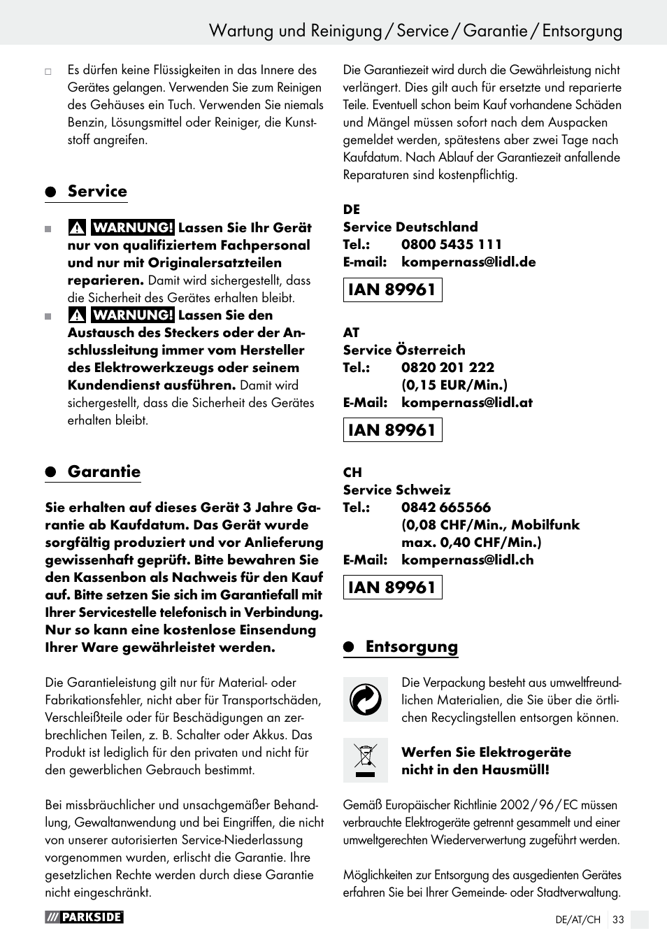 Service, Garantie, Entsorgung | Parkside PHP 500 B2 User Manual | Page 33 / 34