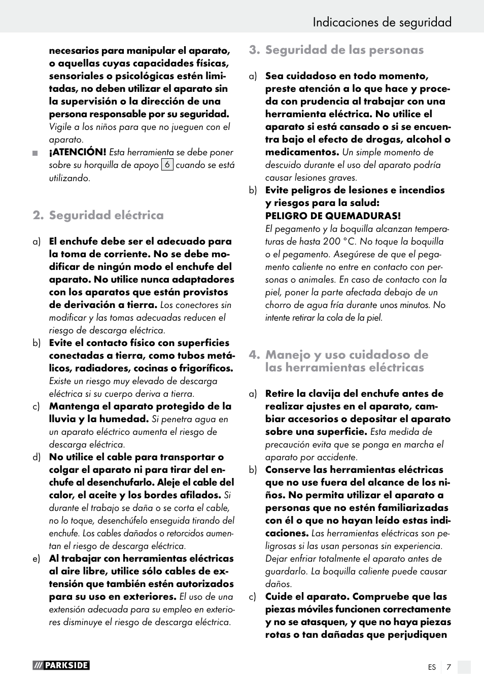 Indicaciones de seguridad, Introducción / indicaciones de seguridad, Seguridad eléctrica | Seguridad de las personas | Parkside PHP 500 B2 User Manual | Page 7 / 34