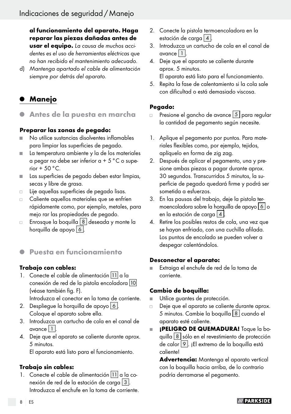 Indicaciones de seguridad / manejo, Manejo, Antes de la puesta en marcha | Puesta en funcionamiento | Parkside PHP 500 B2 User Manual | Page 8 / 34