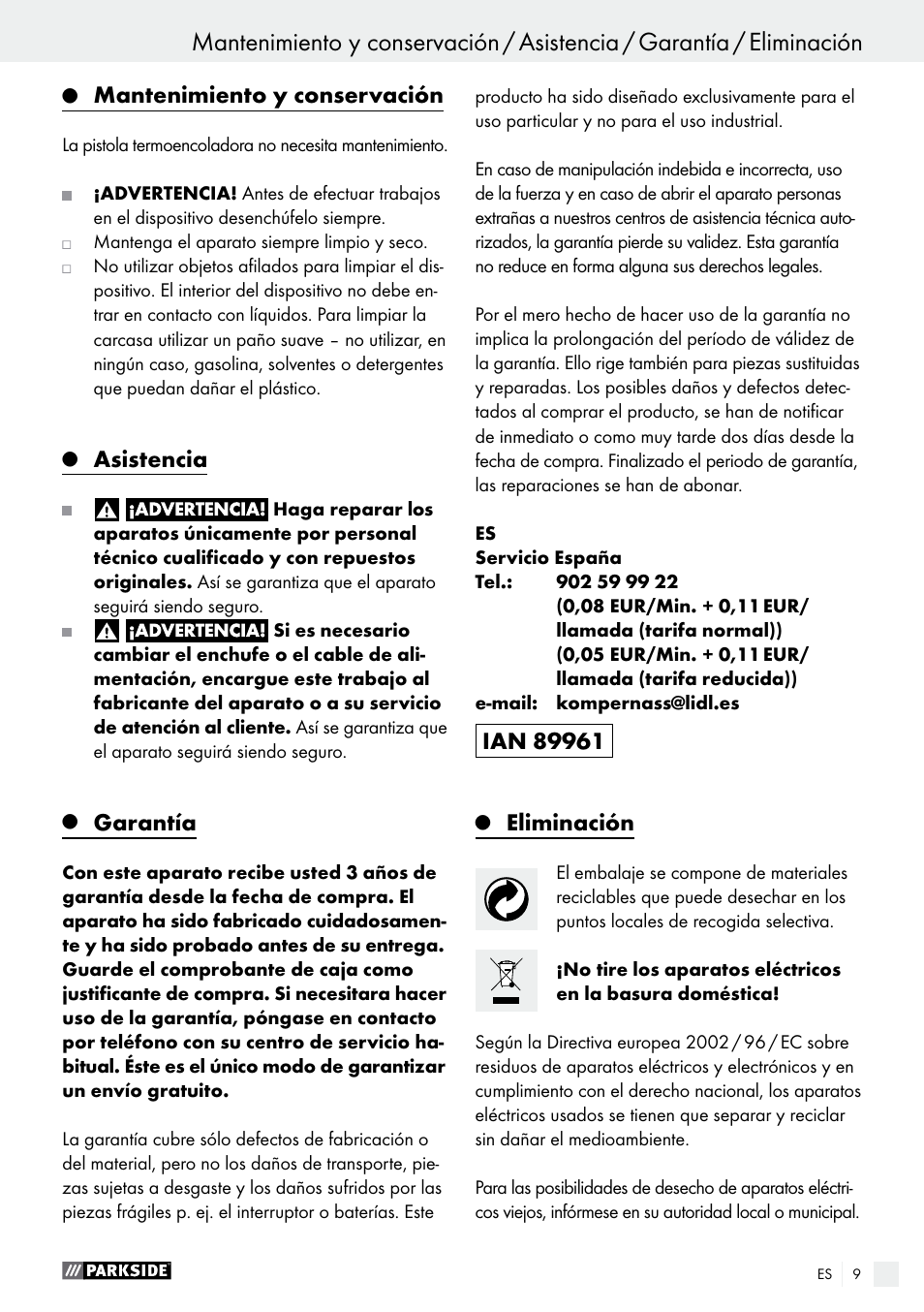 Mantenimiento y conservación, Asistencia, Garantía | Eliminación | Parkside PHP 500 B2 User Manual | Page 9 / 34