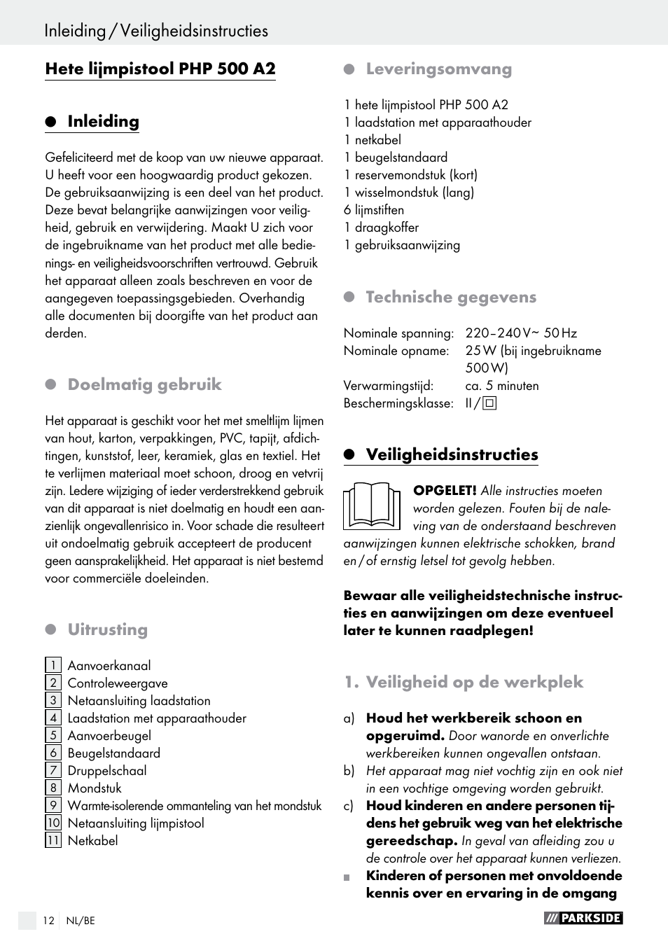 Inleiding, Doelmatig gebruik, Uitrusting | Leveringsomvang, Technische gegevens, Veiligheidsinstructies, Veiligheid op de werkplek | Parkside PHP 500 B2 User Manual | Page 12 / 28