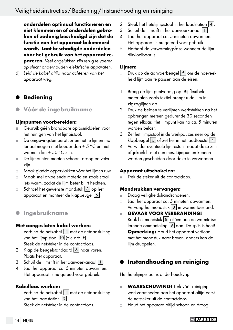 Bediening, Vóór de ingebruikname, Ingebruikname | Instandhouding en reiniging | Parkside PHP 500 B2 User Manual | Page 14 / 28