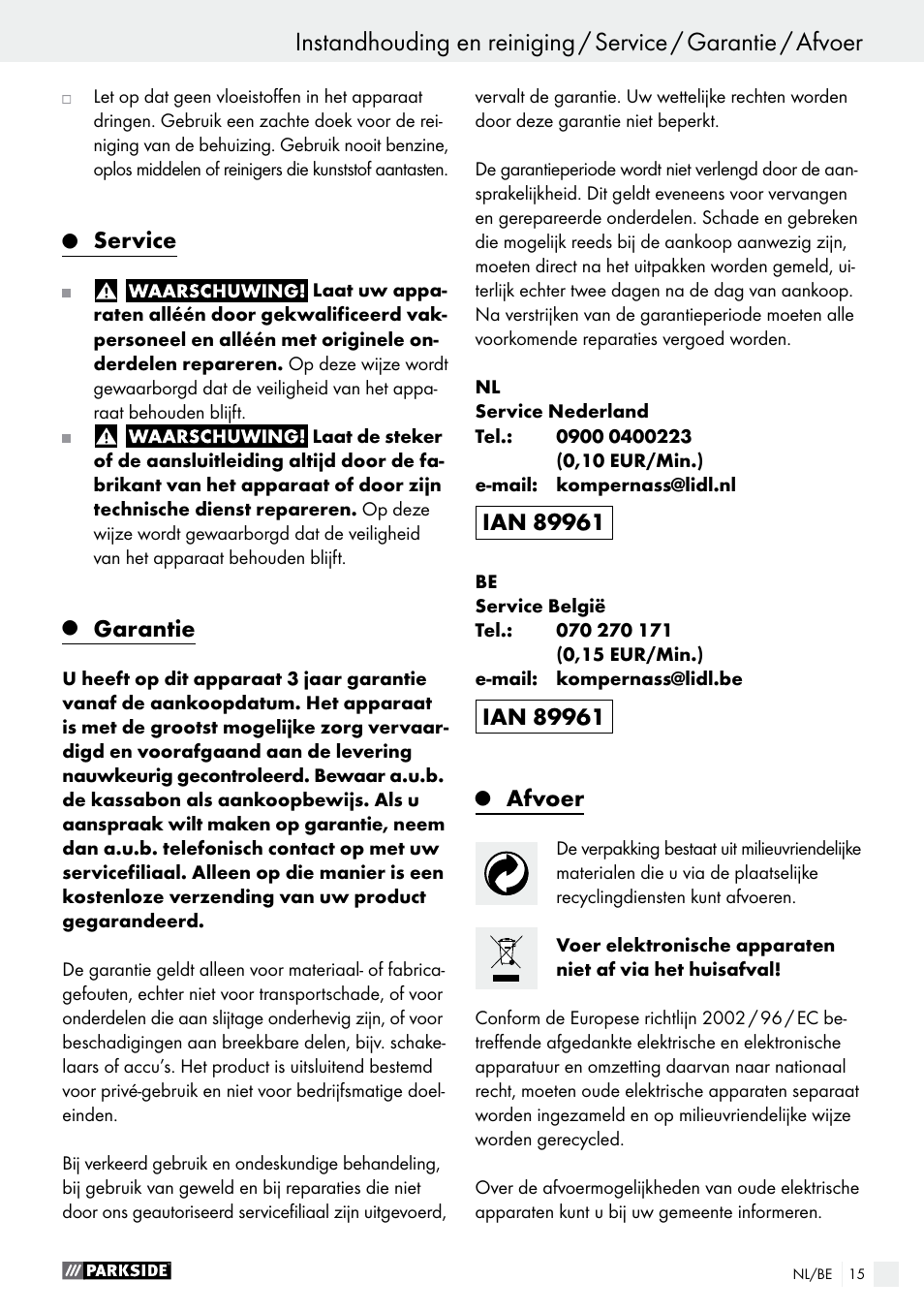 Service, Garantie, Afvoer | Parkside PHP 500 B2 User Manual | Page 15 / 28