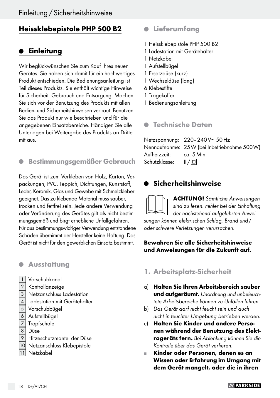 Sicherheitshinweise, Einleitung / sicherheitshinweise, Einleitung | Bestimmungsgemäßer gebrauch, Ausstattung, Lieferumfang, Technische daten, Arbeitsplatz-sicherheit | Parkside PHP 500 B2 User Manual | Page 18 / 28