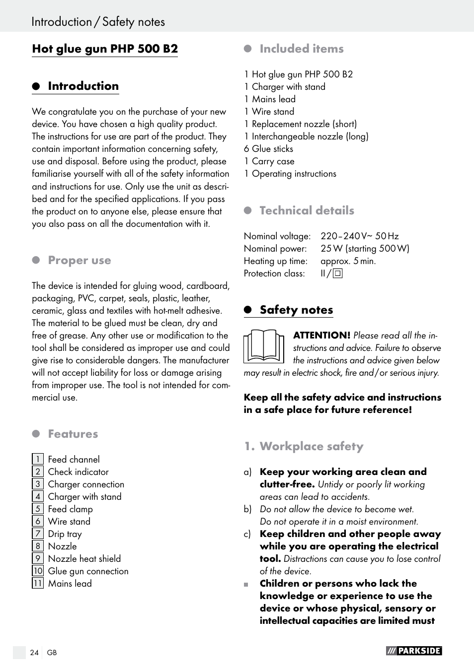 Introduction, Proper use, Features | Included items, Technical details, Workplace safety | Parkside PHP 500 B2 User Manual | Page 24 / 28