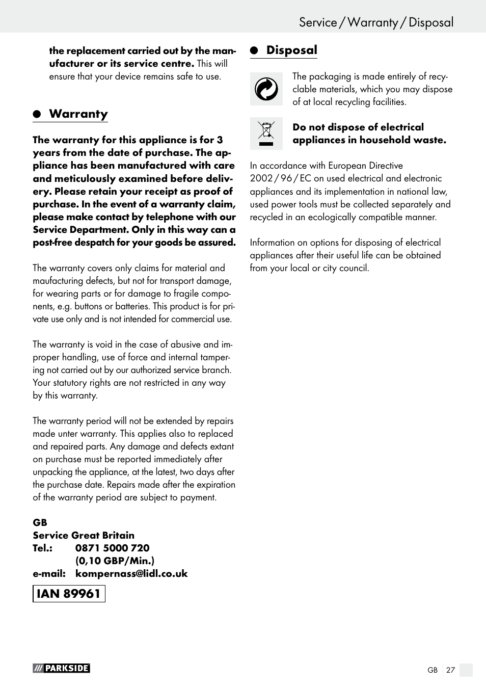 Service / warranty / disposal, Operation / maintenance and cleaning / service, Warranty | Disposal | Parkside PHP 500 B2 User Manual | Page 27 / 28