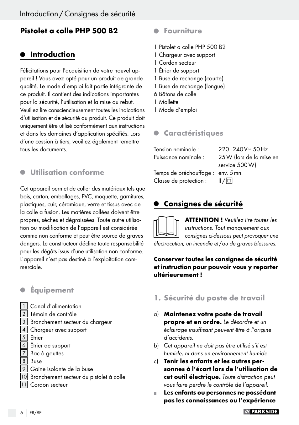 Introduction, Utilisation conforme, Équipement | Fourniture, Caractéristiques, Consignes de sécurité, Sécurité du poste de travail | Parkside PHP 500 B2 User Manual | Page 6 / 28