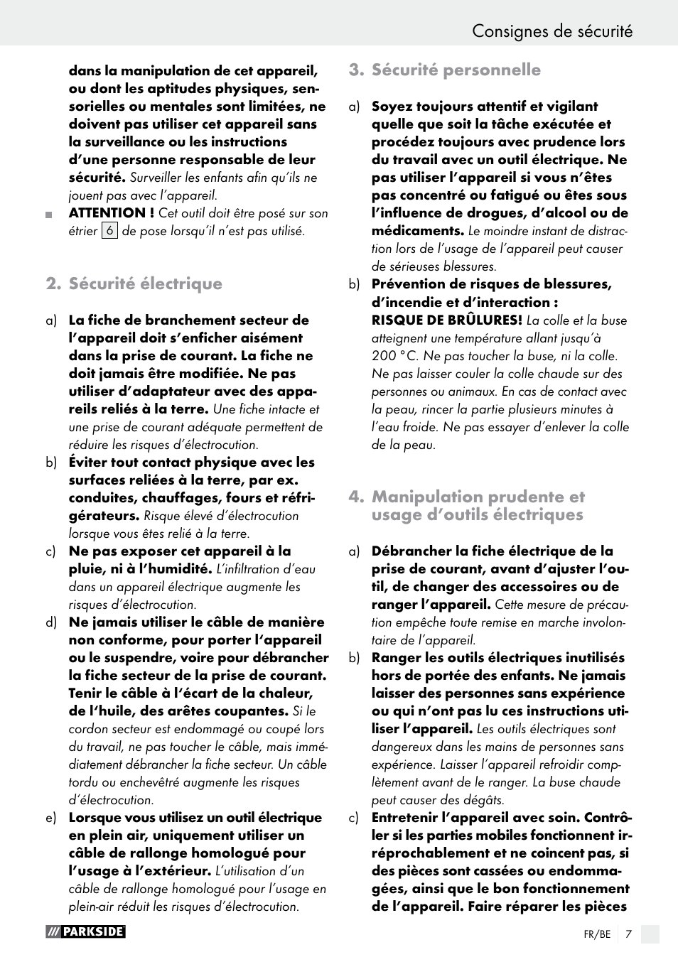 Introduction / consignes de sécurité, Consignes de sécurité, Sécurité électrique | Sécurité personnelle | Parkside PHP 500 B2 User Manual | Page 7 / 28