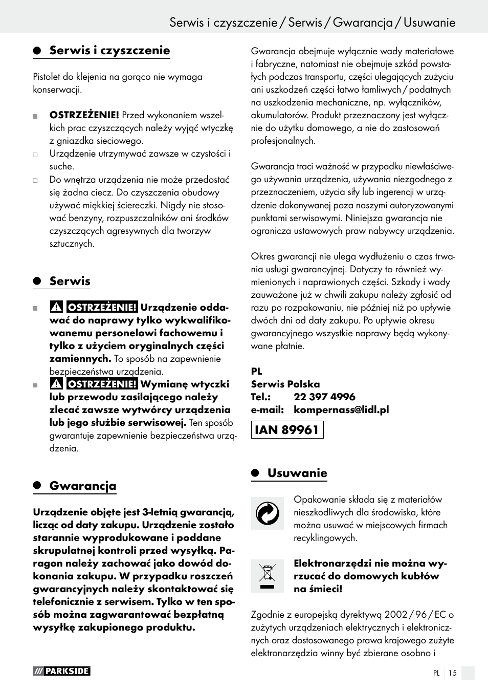 Serwis i czyszczenie, Serwis, Gwarancja | Usuwanie | Parkside PHP 500 B2 User Manual | Page 15 / 46