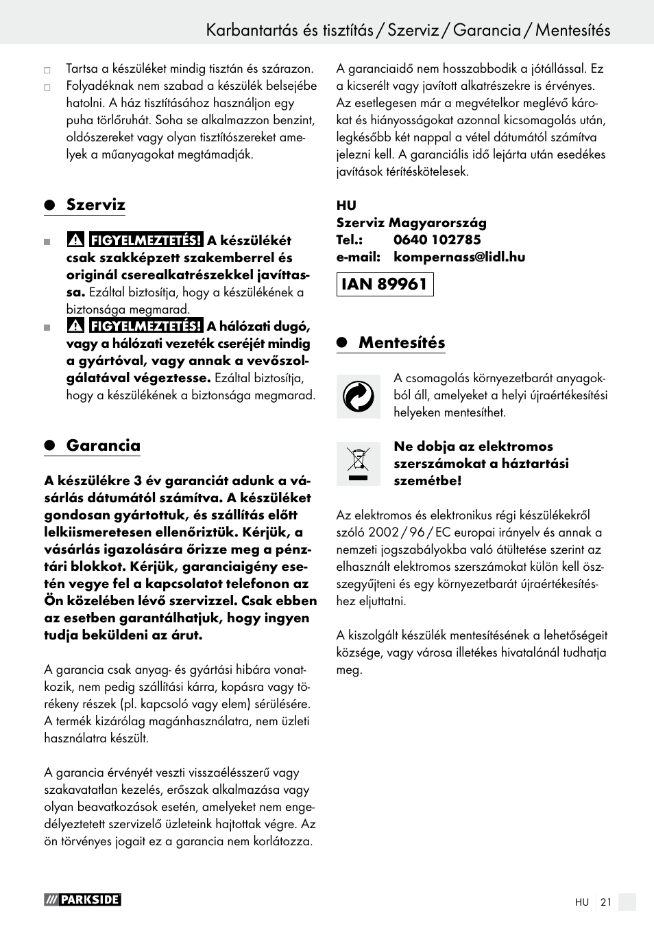 Szerviz, Garancia, Mentesítés | Parkside PHP 500 B2 User Manual | Page 21 / 46