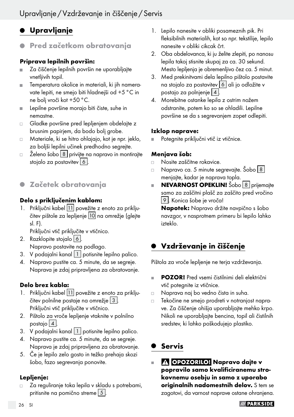 Upravljanje, Pred začetkom obratovanja, Začetek obratovanja | Vzdrževanje in čiščenje, Servis | Parkside PHP 500 B2 User Manual | Page 26 / 46