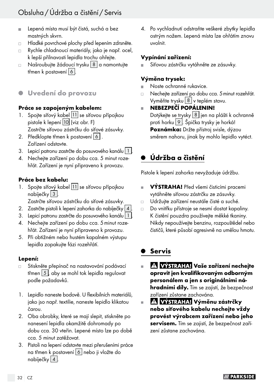 Uvedení do provozu, Údržba a čistění, Servis | Parkside PHP 500 B2 User Manual | Page 32 / 46