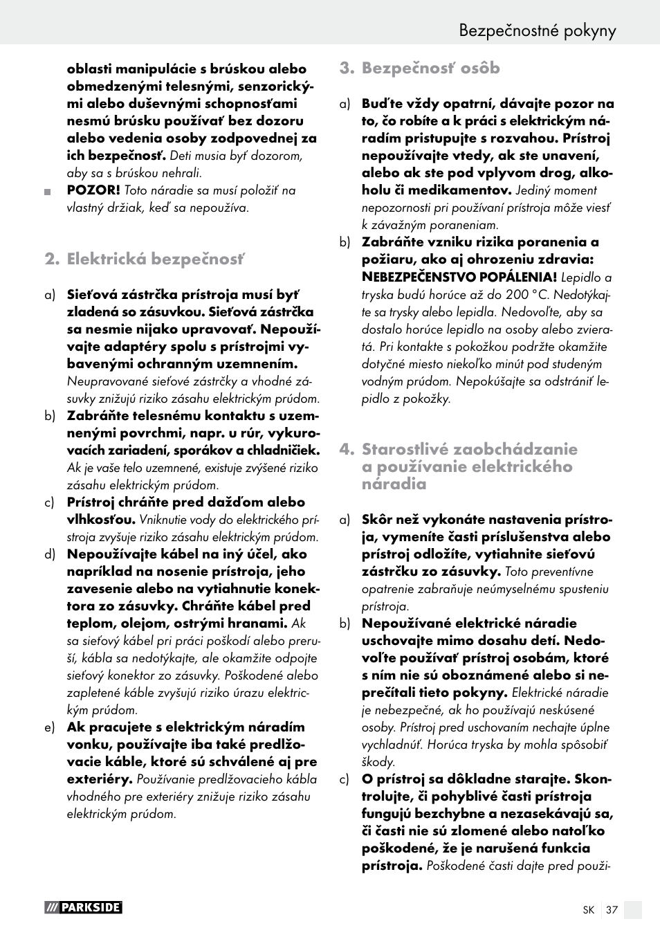 Úvod / bezpečnostné pokyny, Bezpečnostné pokyny | Parkside PHP 500 B2 User Manual | Page 37 / 46